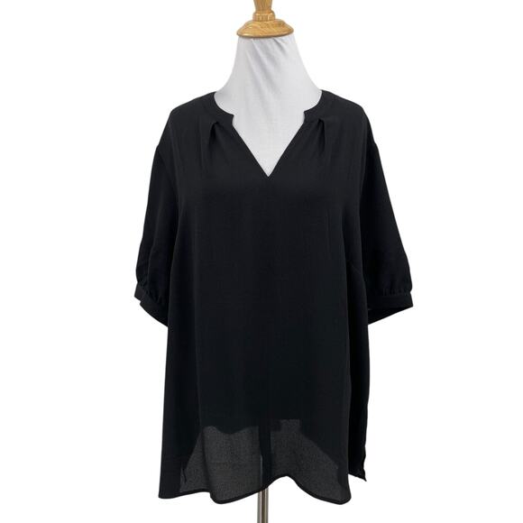 Vince Camuto Blouse Womens 1X Plus Black Summer Bloom V Neck Side Vent Chiffon - Picture 1 of 14